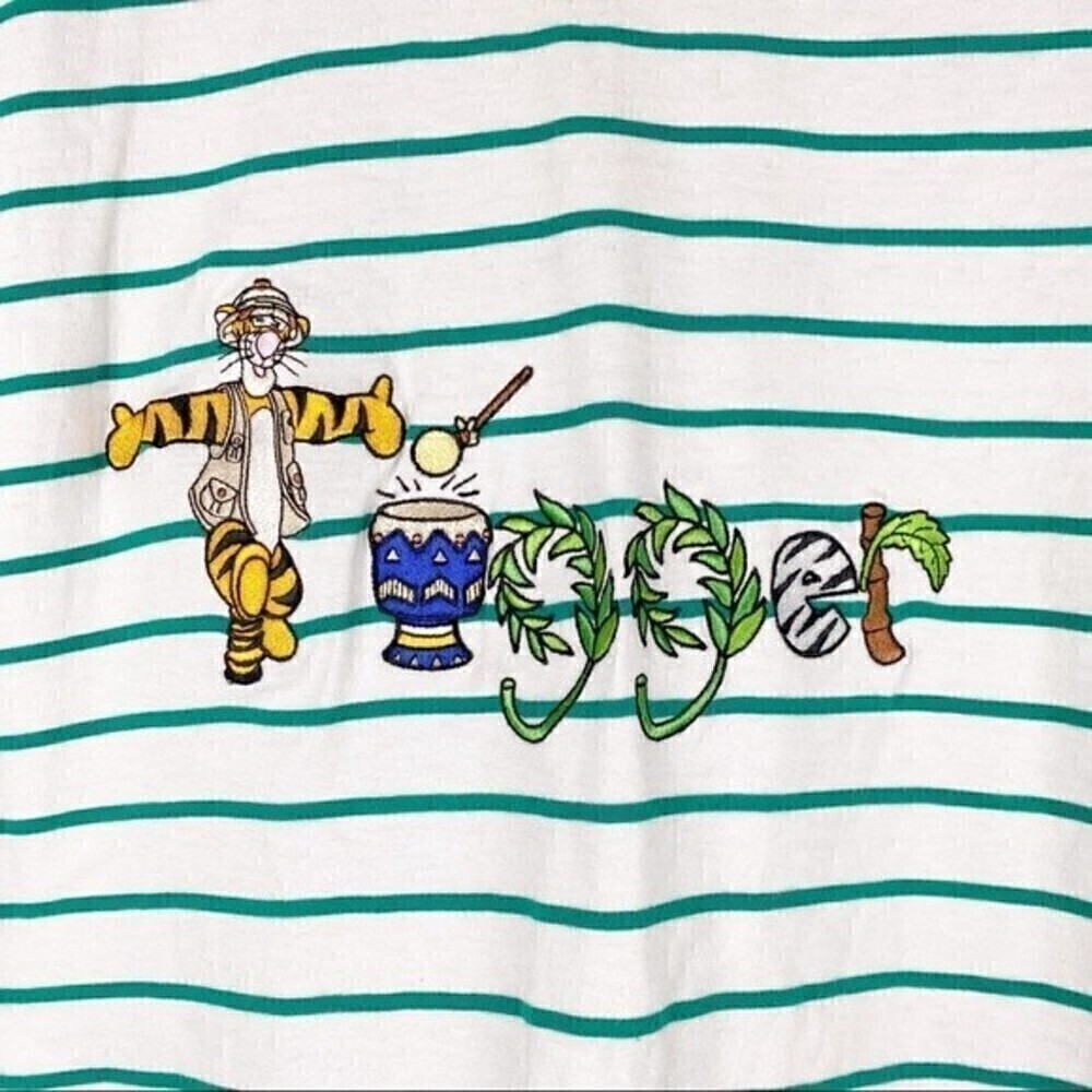 Disney Tiger Embroidered Green Striped Vintage Short Sleeve Tee Size L - Picture 2 of 7